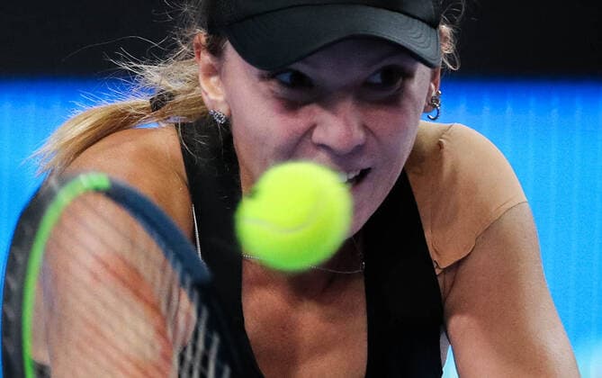 MOSCOW, RUSSIA - OCTOBER 19, 2021: Russia s Oksana Selekhmeteva in action in her singles Round of 32 tennis match against Russia s Veronika Kudermetova at the VTB Kremlin Cup 2021 at the Luzhniki Palace of Sports. Mikhail Tereshchenko TASS  TS114CFD
