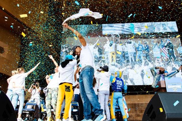 The Loop Chance the Rapper cheers on stage during the Chicago Sky Championship Parade and Rally on October 19, 2021 at the Pritzker Pavilion Shaina Benhiyoun SPP Chicago Sky 2021 Championship Parade and Rally 