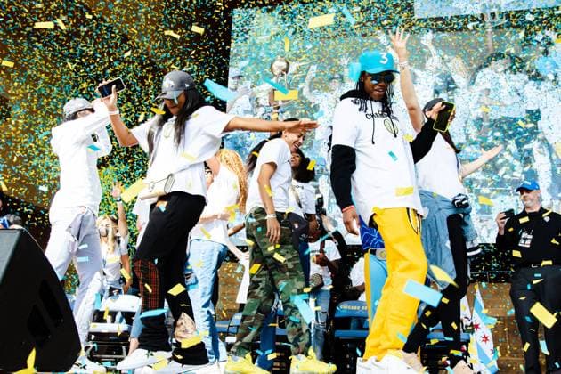 The Loop Chicago Sky players dance on stage during the Chicago Sky Championship Parade and Rally on October 19, 2021 at the Pritzker Pavilion Shaina Benhiyoun SPP Chicago Sky 2021 Championship Parade and Rally 