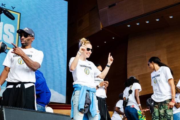 The Loop Chicago Sky players Courtney Vandersloot on stage during the Chicago Sky Championship Parade and Rally on October 19, 2021 at the Pritzker Pavilion Shaina Benhiyoun SPP Chicago Sky 2021 Championship Parade and Rally 