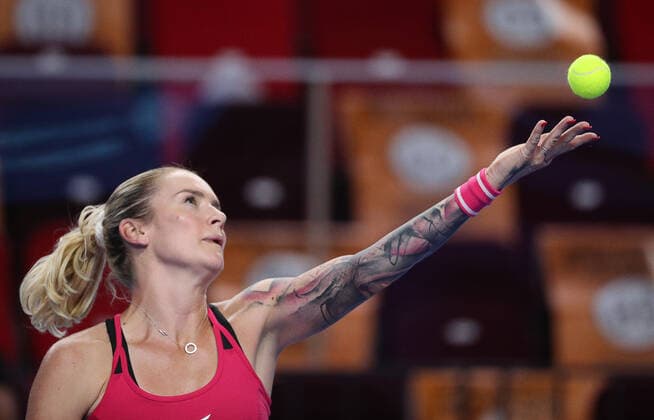 MOSCOW, RUSSIA - OCTOBER 20, 2021: The Czech Republic s Tereza Martincova serves the ball in her women s singles Round of 16 tennis match against Spain s Garbine Muguruza at the VTB Kremlin Cup 2021 at the Luzhniki Sports Palace. Mikhail Tereshchenko TASS  TS114D70