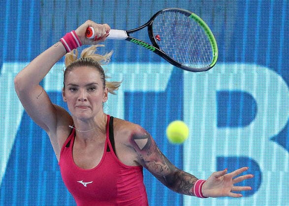 MOSCOW, RUSSIA - OCTOBER 20, 2021: The Czech Republic s Tereza Martincova returns the ball in her women s singles Round of 16 tennis match against Spain s Garbine Muguruza at the VTB Kremlin Cup 2021 at the Luzhniki Sports Palace. Mikhail Tereshchenko TASS  TS114D73