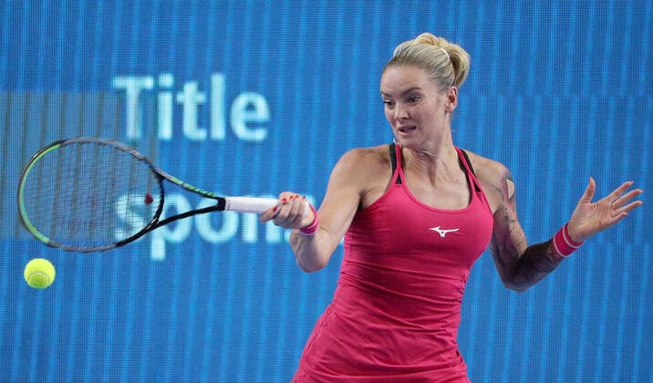 MOSCOW, RUSSIA - OCTOBER 20, 2021: The Czech Republic s Tereza Martincova returns the ball in her women s singles Round of 16 tennis match against Spain s Garbine Muguruza at the VTB Kremlin Cup 2021 at the Luzhniki Sports Palace. Mikhail Tereshchenko TASS  TS114D74