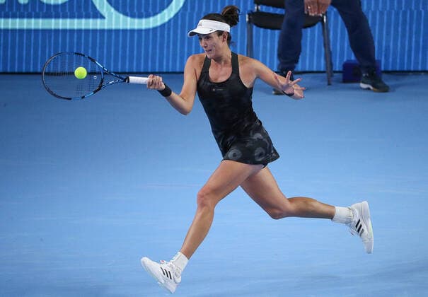 MOSCOW, RUSSIA - OCTOBER 20, 2021: Spain s Garbine Muguruza returns the ball in her women s singles Round of 16 tennis match against the Czech Republic s Tereza Martincova at the VTB Kremlin Cup 2021 at the Luzhniki Sports Palace. Mikhail Tereshchenko TASS  TS114D78