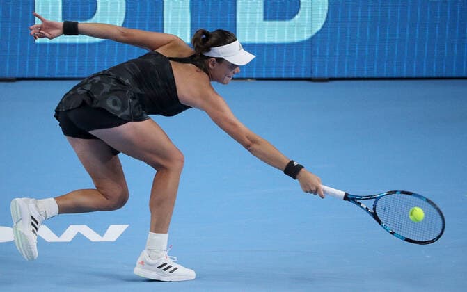 MOSCOW, RUSSIA - OCTOBER 20, 2021: Spain s Garbine Muguruza returns the ball in her women s singles Round of 16 tennis match against the Czech Republic s Tereza Martincova at the VTB Kremlin Cup 2021 at the Luzhniki Sports Palace. Mikhail Tereshchenko TASS  TS114D7A
