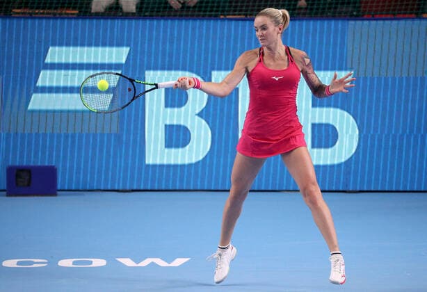 MOSCOW, RUSSIA - OCTOBER 20, 2021: The Czech Republic s Tereza Martincova returns the ball in her women s singles Round of 16 tennis match against Spain s Garbine Muguruza at the VTB Kremlin Cup 2021 at the Luzhniki Sports Palace. Mikhail Tereshchenko TASS  TS114D7D