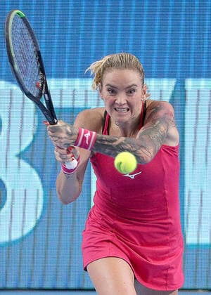 MOSCOW, RUSSIA - OCTOBER 20, 2021: The Czech Republic s Tereza Martincova returns the ball in her women s singles Round of 16 tennis match against Spain s Garbine Muguruza at the VTB Kremlin Cup 2021 at the Luzhniki Sports Palace. Mikhail Tereshchenko TASS  TS114D7F