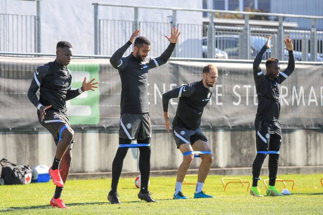 SOCCER - UEFA EL, Sturm vs Sociedad GRAZ,AUSTRIA,20.OCT.21 - SOCCER - UEFA Europa League, group stage, SK Sturm Graz vs Real Sociedad, preview, training Sturm. Image shows Kelvin Kwarteng Yeboah, Gregory Wuethrich, Jon Gorenc Stankovic and Anderson Niangbo (Sturm).  GEPAxpictures xMarioxBuehner