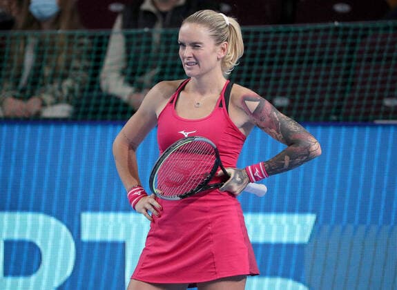 MOSCOW, RUSSIA - OCTOBER 20, 2021: The Czech Republic s Tereza Martincova looks on during her women s singles Round of 16 tennis match against Spain s Garbine Muguruza at the VTB Kremlin Cup 2021 at the Luzhniki Sports Palace. Mikhail Tereshchenko TASS  TS114DC5