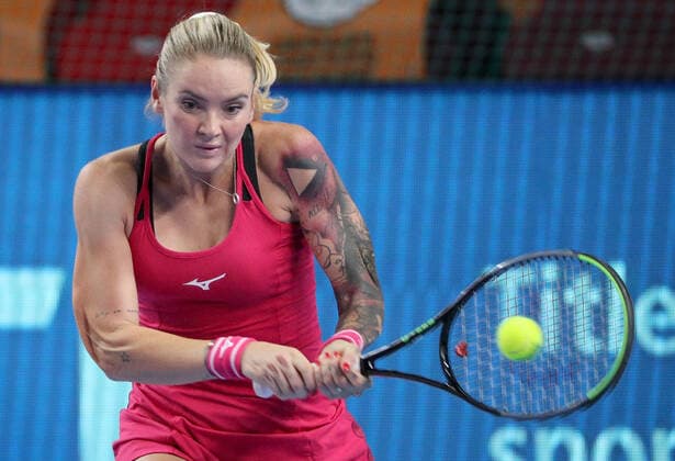 MOSCOW, RUSSIA - OCTOBER 20, 2021: The Czech Republic s Tereza Martincova returns the ball in her women s singles Round of 16 tennis match against Spain s Garbine Muguruza at the VTB Kremlin Cup 2021 at the Luzhniki Sports Palace. Mikhail Tereshchenko TASS  TS114DF6