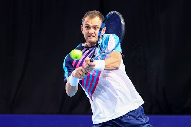 Kazach Aleksandr Nedovyesov pictured in action during a doubles match between Denmark s Nielsen and Serbian Sabanov against Ukrainian Molchanov and Kazagh Nedovyesov, in the 1 8 finals of the European Open Tennis ATP, Tennis Herren tournament, in Antwerp, Wednesday 20 October 2021. DAVIDxPINTENS  x3118076x