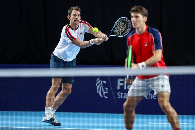 Denmark s Frederik Nielsen and Croatian Matej Sabanov pictured during a doubles match between Denmark s Nielsen and Serbian Sabanov against Ukrainian Molchanov and Kazagh Nedovyesov, in the 1 8 finals of the European Open Tennis ATP, Tennis Herren tournament, in Antwerp, Wednesday 20 October 2021. DAVIDxPINTENS  x3118085x