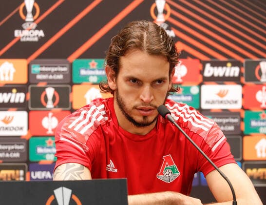 MOSCOW, RUSSIA - OCTOBER 20, 2021: Lokomotiv Moscow s goalkeeper Guilherme Marinato gives a press conference, PK, Pressekonferenz on the eve of the 2021-22 UEFA Europa League Group Stage match against Galatasaray. Mikhail Japaridze TASS  TS114E2C