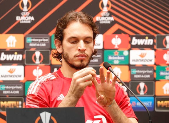 MOSCOW, RUSSIA - OCTOBER 20, 2021: Lokomotiv Moscow s goalkeeper Guilherme Marinato gives a press conference, PK, Pressekonferenz on the eve of the 2021-22 UEFA Europa League Group Stage match against Galatasaray. Mikhail Japaridze TASS  TS114E2E