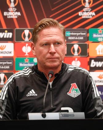 MOSCOW, RUSSIA - OCTOBER 20, 2021: Lokomotiv Moscow s head coach Markus Gisdol gives a press conference, PK, Pressekonferenz on the eve of the 2021-22 UEFA Europa League Group Stage match against Galatasaray. Mikhail Japaridze TASS  TS114E30