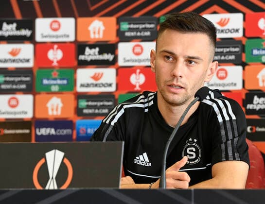 Soccer player of Sparta Prague Jakub Pesek speaks during the press conference, PK, Pressekonferenz prior to football UEFA Europa League game: Sparta Prague vs Olympique Lyon in Prague, Czech Republic, October 20, 2021. (CTKxPhoto MichalxKrumphanzl) CTKPhotoP2021102006297  kru 3