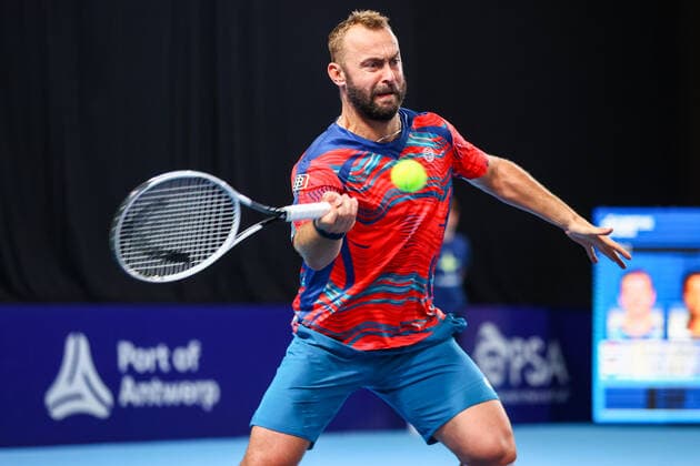 Czech Roman Jebavy pictured in action during a doubles men game between Dutch pair Koolhof-Rojer and Czech Jebavy and Belarus Vasilevski, a 1 8 finals game at the European Open Tennis ATP, Tennis Herren tournament, in Antwerp, Wednesday 20 October 2021. DAVIDxPINTENS  x3118351x