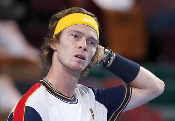 MOSCOW, RUSSIA - OCTOBER 21, 2021: Russia s Andrey Rublev in a menâ€™s singles Round 2 tennis match against France s Mannarino at the VTB Kremlin Cup 2021 at Irina Viner-Usmanova Gymnastics Palace. Mikhail Tereshchenko TASS  TS1150A0