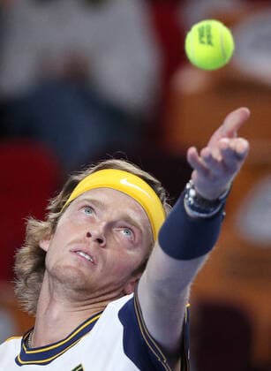 MOSCOW, RUSSIA - OCTOBER 21, 2021: Russia s Andrey Rublev serves in a menâ€™s singles Round 2 tennis match against France s Mannarino at the VTB Kremlin Cup 2021 at Irina Viner-Usmanova Gymnastics Palace. Mikhail Tereshchenko TASS  TS1150A2