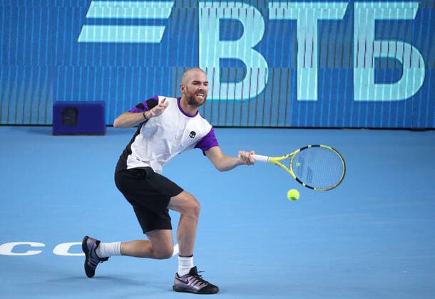 MOSCOW, RUSSIA - OCTOBER 21, 2021: France s Adrian Mannarino plays a forehand in a menâ€™s singles Round 2 tennis match against Russia s Rublev at the VTB Kremlin Cup 2021 at Irina Viner-Usmanova Gymnastics Palace. Mikhail Tereshchenko TASS  TS1150AD
