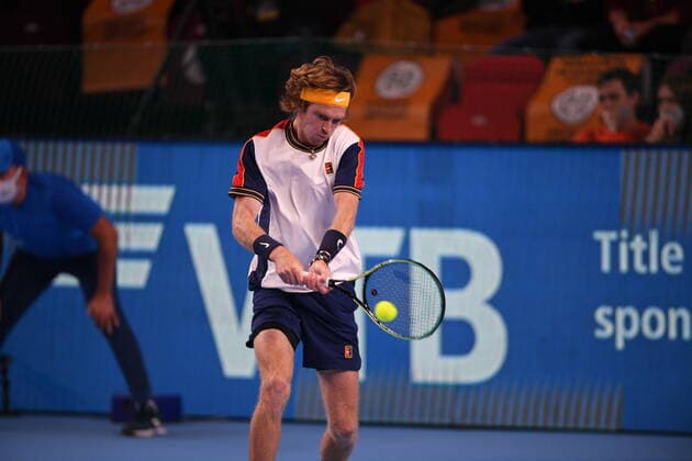 6677239 21.10.2021 Russia s Andrey Rublev returns a shot during the men s singles second round tennis match against France s Adrian Mannarino at the Kremlin Cup, in Moscow, Russia. Vladimir Astapkovich Sputnik Russia Tennis Kremlin Cup  842ca3d0da339eb8