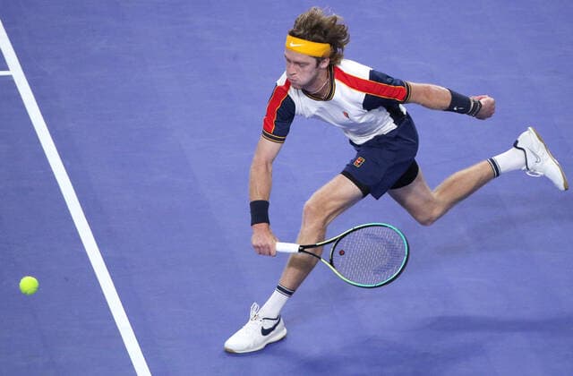 MOSCOW, RUSSIA - OCTOBER 21, 2021: Russia s Andrey Rublev in action in a menâ€™s singles Round 2 tennis match against France s Mannarino at the VTB Kremlin Cup 2021 at Irina Viner-Usmanova Gymnastics Palace. Mikhail Tereshchenko TASS  TS1150E9