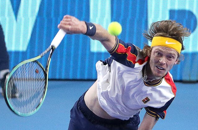 MOSCOW, RUSSIA - OCTOBER 21, 2021: Russia s Andrey Rublev serves in a menâ€™s singles Round 2 tennis match against France s Mannarino at the VTB Kremlin Cup 2021 at Irina Viner-Usmanova Gymnastics Palace. Mikhail Tereshchenko TASS  TS1150F5
