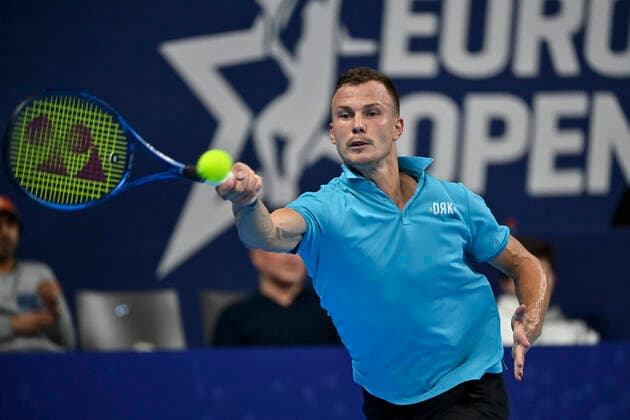 Hungarian Marton Fucsovics pictured in action during a singles match between Spanish Bautista Agut and Hungarian Fucsovics, in the 1 8 finals of the European Open Tennis ATP, Tennis Herren tournament, in Antwerp, Thursday 21 October 2021. DIRKxWAEM  x3119195x