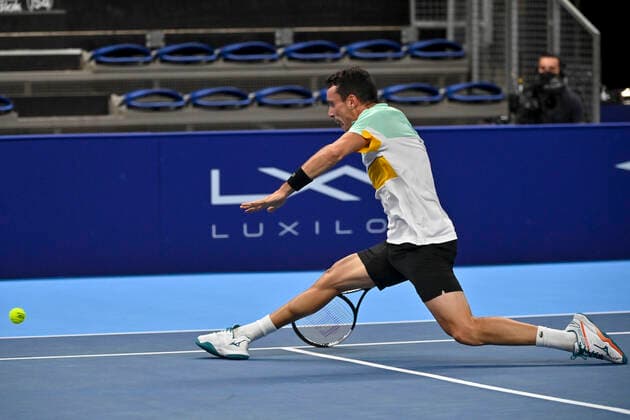 Spanish Roberto Bautista-Agut pictured in action during a singles match between Spanish Bautista Agut and Hungarian Fucsovics, in the 1 8 finals of the European Open Tennis ATP, Tennis Herren tournament, in Antwerp, Thursday 21 October 2021. DIRKxWAEM  x3119200x