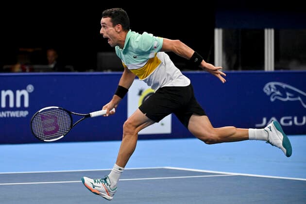 Spanish Roberto Bautista-Agut pictured in action during a singles match between Spanish Bautista Agut and Hungarian Fucsovics, in the 1 8 finals of the European Open Tennis ATP, Tennis Herren tournament, in Antwerp, Thursday 21 October 2021. DIRKxWAEM  x3119203x