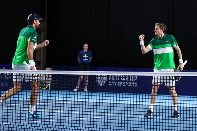 French Fabrice Martin and French Nicolas Mahut celebrates after winning a doubles men game between Austrian pair Marach-Oswald and French pair Mahut-Martin, a quarter finals game at the European Open Tennis ATP, Tennis Herren tournament, in Antwerp, Thursday 21 October 2021. DAVIDxPINTENS  x3119218x