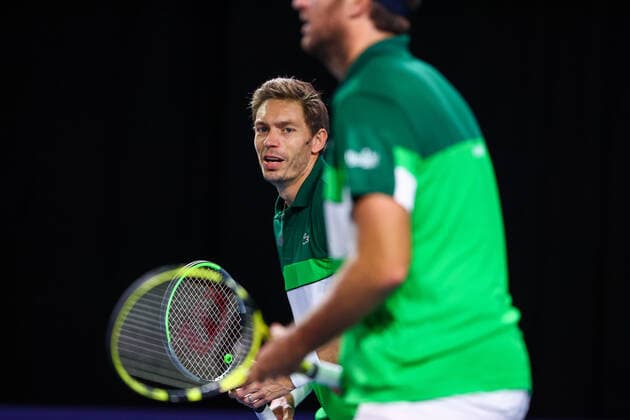 French Fabrice Martin and French Nicolas Mahut pictured during a doubles men game between Austrian pair Marach-Oswald and French pair Mahut-Martin, a quarter finals game at the European Open Tennis ATP, Tennis Herren tournament, in Antwerp, Thursday 21 October 2021. DAVIDxPINTENS  x3119226x
