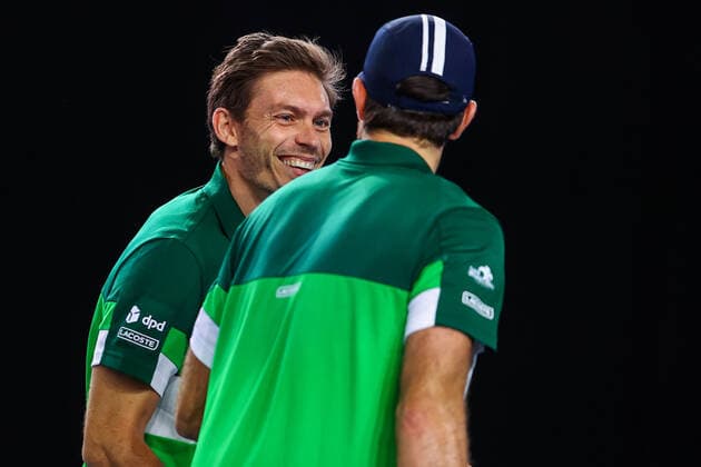 French Fabrice Martin and French Nicolas Mahut pictured during a doubles men game between Austrian pair Marach-Oswald and French pair Mahut-Martin, a quarter finals game at the European Open Tennis ATP, Tennis Herren tournament, in Antwerp, Thursday 21 October 2021. DAVIDxPINTENS  x3119228x