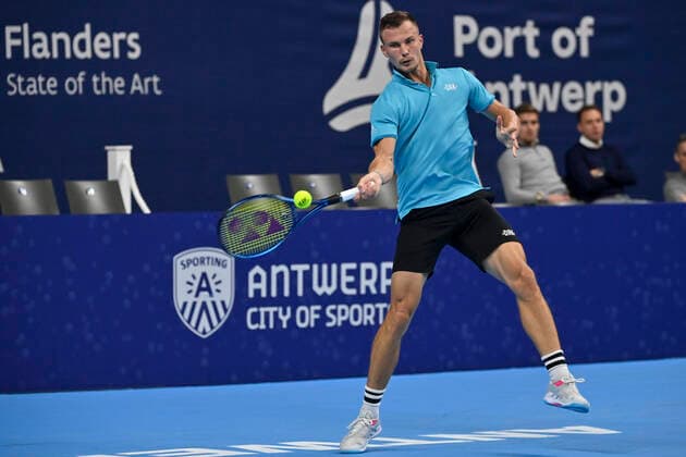 Hungarian Marton Fucsovics pictured in action during a singles match between Spanish Bautista Agut and Hungarian Fucsovics, in the 1 8 finals of the European Open Tennis ATP, Tennis Herren tournament, in Antwerp, Thursday 21 October 2021. DIRKxWAEM  x3119240x