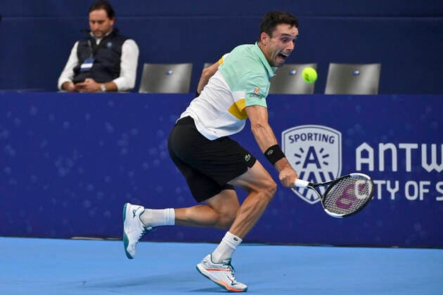 Spanish Roberto Bautista-Agut pictured in action during a singles match between Spanish Bautista Agut and Hungarian Fucsovics, in the 1 8 finals of the European Open Tennis ATP, Tennis Herren tournament, in Antwerp, Thursday 21 October 2021. DIRKxWAEM  x3119241x