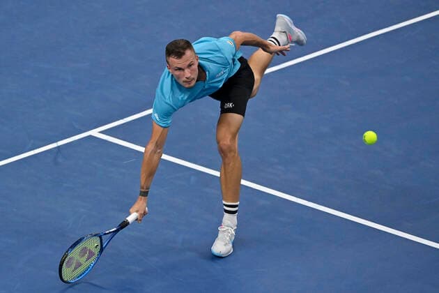 Hungarian Marton Fucsovics pictured in action during a singles match between Spanish Bautista Agut and Hungarian Fucsovics, in the 1 8 finals of the European Open Tennis ATP, Tennis Herren tournament, in Antwerp, Thursday 21 October 2021. DIRKxWAEM  x3119252x