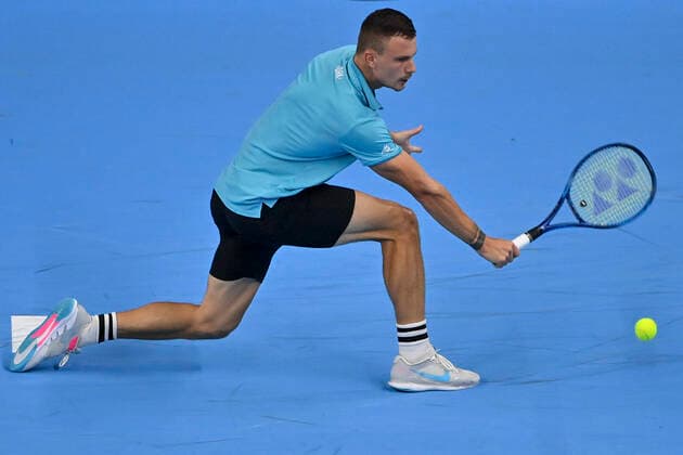 Hungarian Marton Fucsovics pictured in action during a singles match between Spanish Bautista Agut and Hungarian Fucsovics, in the 1 8 finals of the European Open Tennis ATP, Tennis Herren tournament, in Antwerp, Thursday 21 October 2021. DIRKxWAEM  x3119255x