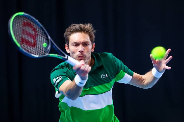 French Nicolas Mahut pictured in action during a doubles men game between Austrian pair Marach-Oswald and French pair Mahut-Martin, a quarter finals game at the European Open Tennis ATP, Tennis Herren tournament, in Antwerp, Thursday 21 October 2021. DAVIDxPINTENS  x3119300x
