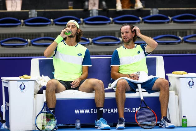 Belgian Xavier Malisse (R) and South African Lloyd Harris pictured during a doubles men game between Serbian Dodig and Brazilian Melo and Belgian Malisse and South-African Harris, a quarter finals game at the European Open Tennis ATP, Tennis Herren tournament, in Antwerp, Thursday 21 October 2021. DAVIDxPINTENS  x3119635x