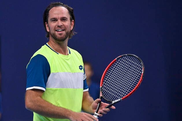 Belgian Xavier Malisse pictured in action during a doubles men game between Serbian Dodig and Brazilian Melo and Belgian Malisse and South-African Harris, a quarter finals game at the European Open Tennis ATP, Tennis Herren tournament, in Antwerp, Thursday 21 October 2021. DAVIDxPINTENS  x3119685x