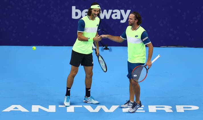 Belgian Xavier Malisse and South African Lloyd Harris celebrates after winning a doubles men game between Serbian Dodig and Brazilian Melo and Belgian Malisse and South-African Harris, a quarter finals game at the European Open Tennis ATP, Tennis Herren tournament, in Antwerp, Thursday 21 October 2021. DAVIDxPINTENS  x3119714x