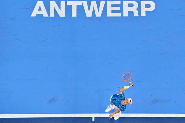 Diego Schwartzman pictured during a singles match between British Murray and Argentinian Schwartzman, in the 1 8 finals of the European Open Tennis ATP, Tennis Herren tournament, in Antwerp, Thursday 21 October 2021. DIRKxWAEM  x3119806x