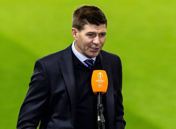 Mandatory Credit: Photo by Luke Nickerson Rangers FC Shutterstock (12547782d) Rangers Manager Steven Gerrard in a pre-match interview Rangers v Brondby, UEFA Europa League, Group A, Football, Ibrox Stadium, Glasgow, UK - 21 Oct 2021 EDITORIAL USE ONLY No use with unauthorised audio, video, data, fixture lists, club league logos or live services. Online in-match use limited to 120 images, no video emulation. No use in betting, games or single club league player publications. Rangers v Brondby, UEFA Europa League, Group A, Football, Ibrox Stadium, Glasgow, UK - 21 Oct 2021 EDITORIAL USE ONLY No use with unauthorised audio, video, data, fixture lists, club league logos or live services. Online in-match use limited to 120 images, no video emulation. No use in betting, games or single club league player publications. Copyright: xLukexNickerson RangersxFC Shutterstockx 12547782d