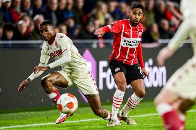 EINDHOVEN lr Jean Lucas of AS Monaco, Phillipp Mwene of PSV Eindhoven during the UEFA Europa League match between PSV Eindhoven and AS Monaco at Phillips Stadium on October 21, 2021 in Eindhoven, Netherlands ANP OLAF KRAAK UEFA Europa League 2021 2022 xVIxANPxSportx xxANPxIVx 439502855