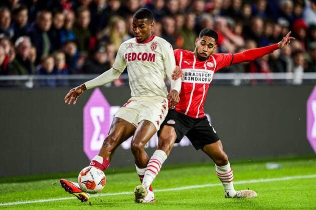 EINDHOVEN lr Jean Lucas of AS Monaco, Phillipp Mwene of PSV Eindhoven during the UEFA Europa League match between PSV Eindhoven and AS Monaco at Phillips Stadium on October 21, 2021 in Eindhoven, Netherlands ANP OLAF KRAAK UEFA Europa League 2021 2022 xVIxANPxSportx xxANPxIVx 439502870