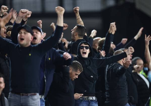 London, England, 21st October 2021. Genk fans during the UEFA Europa League match at the London Stadium, London. Picture credit should read: David Klein Sportimage EDITORIAL USE ONLY. No use with unauthorised audio, video, data, fixture lists, club league logos or live services. Online in-match use limited to 120 images, no video emulation. No use in betting, games or single club league player publications. SPI-1258-0013
