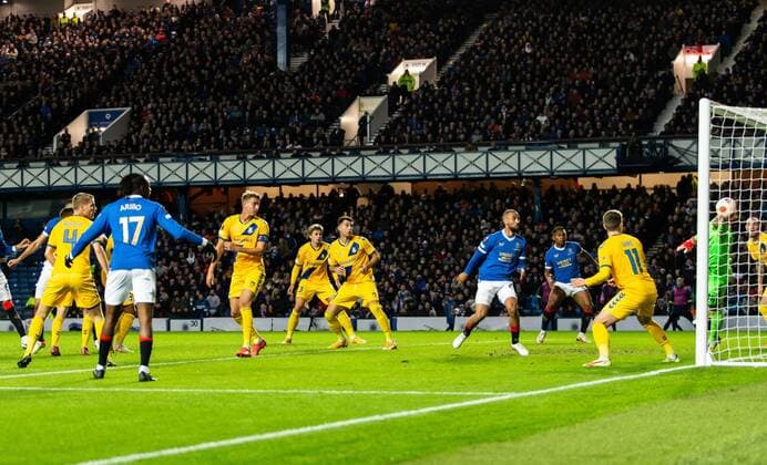 Mandatory Credit: Photo by Luke Nickerson Rangers FC Shutterstock (12547782i) Rangers Defender Leon Balogun scores his sides first goal Rangers v Brondby, UEFA Europa League, Group A, Football, Ibrox Stadium, Glasgow, UK - 21 Oct 2021 EDITORIAL USE ONLY No use with unauthorised audio, video, data, fixture lists, club league logos or live services. Online in-match use limited to 120 images, no video emulation. No use in betting, games or single club league player publications. Rangers v Brondby, UEFA Europa League, Group A, Football, Ibrox Stadium, Glasgow, UK - 21 Oct 2021 EDITORIAL USE ONLY No use with unauthorised audio, video, data, fixture lists, club league logos or live services. Online in-match use limited to 120 images, no video emulation. No use in betting, games or single club league player publications. Copyright: xLukexNickerson RangersxFC Shutterstockx 12547782i