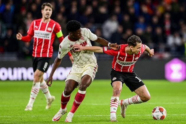 EINDHOVEN lr Aurelien Tchouameni of AS Monaco, Olivier Boscagli of PSV Eindhoven during the UEFA Europa League match between PSV Eindhoven and AS Monaco at Phillips Stadium on October 21, 2021 in Eindhoven, Netherlands ANP OLAF KRAAK UEFA Europa League 2021 2022 xVIxANPxSportx xxANPxIVx 439503293