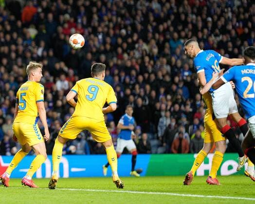 Mandatory Credit: Photo by Stuart Wallace Shutterstock (12547363l) Leon Balogun of Rangers scores with a header to give Rangers a 1-0 lead. Rangers v Brondby, UEFA Europa League, Group A, Football, Ibrox Stadium, Glasgow, UK - 21 Oct 2021 EDITORIAL USE ONLY No use with unauthorised audio, video, data, fixture lists, club league logos or live services. Online in-match use limited to 120 images, no video emulation. No use in betting, games or single club league player publications. Rangers v Brondby, UEFA Europa League, Group A, Football, Ibrox Stadium, Glasgow, UK - 21 Oct 2021 EDITORIAL USE ONLY No use with unauthorised audio, video, data, fixture lists, club league logos or live services. Online in-match use limited to 120 images, no video emulation. No use in betting, games or single club league player publications. Copyright: xStuartxWallace Shutterstockx 12547363l