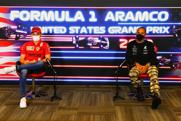 F1 Grand Prix of USA 16 Charles Leclerc (MON, Scuderia Ferrari Mission Winnow), 44 Lewis Hamilton (GBR, Mercedes-AMG Petronas F1 Team), F1 Grand Prix of USA at Circuit of The Americas on October 21, 2021 in Austin, United States of America. (Photo by Mark Sutton LAT Motorsport Images FIA Pool via HOCH ZWEI) Austin United States of America Poolfoto HOCH ZWEI Pool Motorsport Images ,EDITORIAL USE ONLY
